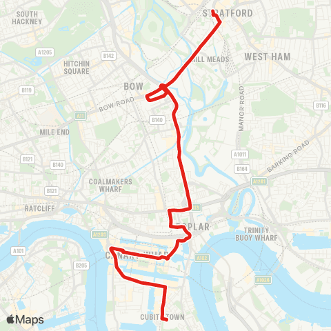 TfL Stratford - Bromley-By-Bow - Poplar - Canary Wharf - Crossharbour map