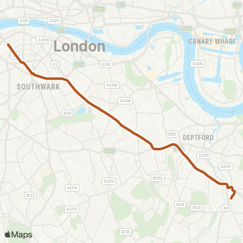 TfL Lewisham, Shopping Ctr - New Cross Gate - Old Kent Rd - Elephant & Castle - Waterlioo map