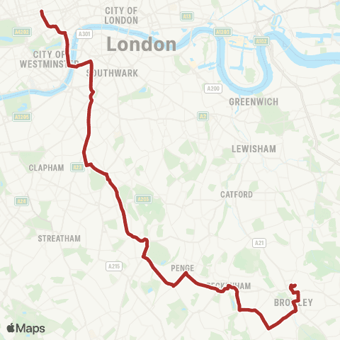 TfL Oxford Circus - Westminster - Brixton - Crystal Palace - Bromley S & N map