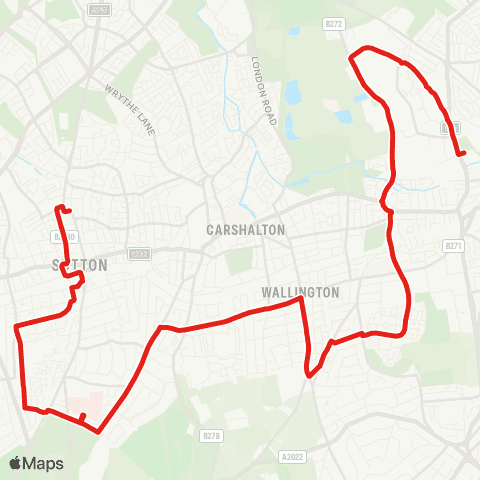 TfL Waddon Marsh - Beddington - Roundshaw - Wallington - Stanley Pk - Royal Marsden Hosp - Belmont - Sutton Sta and Town Ctr map