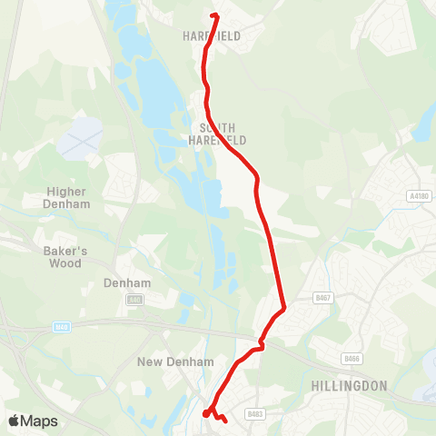 TfL Uxbridge - Harefield Rd - Harvil Rd - Harefield Green - Harefield Hosp map