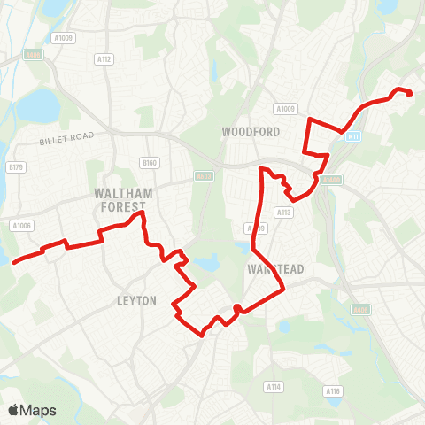 TfL Walthamstow, Coppermill Ln - Whipps Cross Hosp - Leytonstone - Snaresbrook - Woodford Bridge map