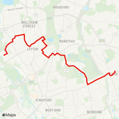 TfL Walthamstow, Argall Av - Walthamstow Central - Whipps Cross Hosp - Manor Pk - Ilford High Rd, Hainault St map