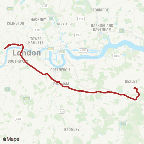TfL Bexleyheath Town Ctr - Eltham - Lewisham - New Cross - London Bridge - Trafalgar Square map
