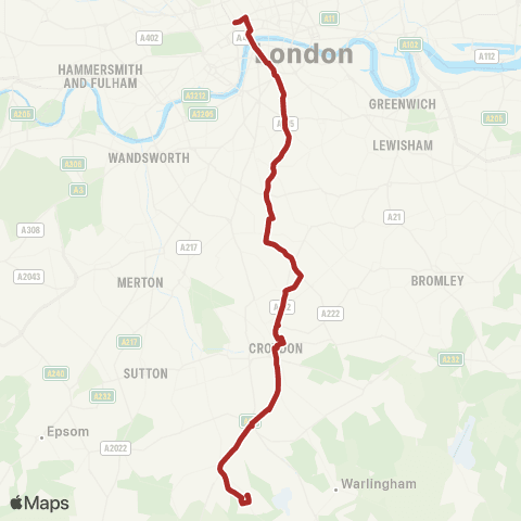 TfL Old Coulsdon - Croydon - Elephant & Castle - Waterloo - Tottenham Court Rd map