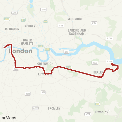 TfL Trafalgar Square - Elephant & Castle - Lewisham - Bexleyheath - Erith map