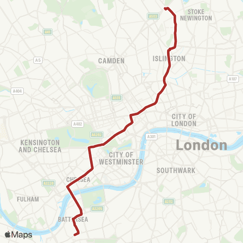 TfL Finsbury Pk Sta - Holborn - Piccadilly Circus - Sloane Square - Clapham Jct map