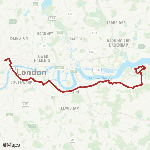 TfL Tottenham Court Rd - Waterloo - Greenwich - Woolwich - Thamesmead map