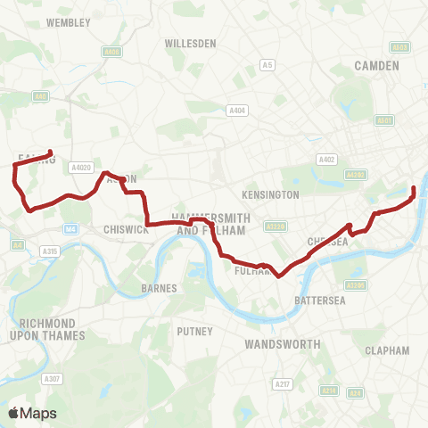 TfL Ealing Bway - Acton - Hammersmith - Victoria - Whitehall, Horse Guards map