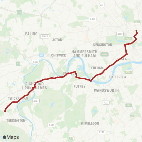 TfL Fulwell - Richmond - Putney Bridge - Chelsea - Green Pk - Oxford Circus map