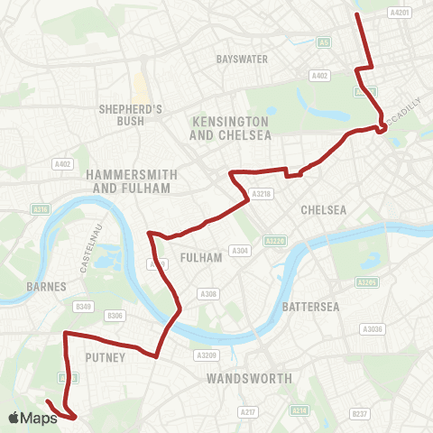 TfL Roehampton, Danebury Av - Putney - Earls Court - Marble Arch - Baker St Sta map