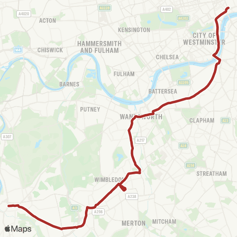 TfL Kingston - Wimbledon - Clapham Jct - Westminster - Aldwych map