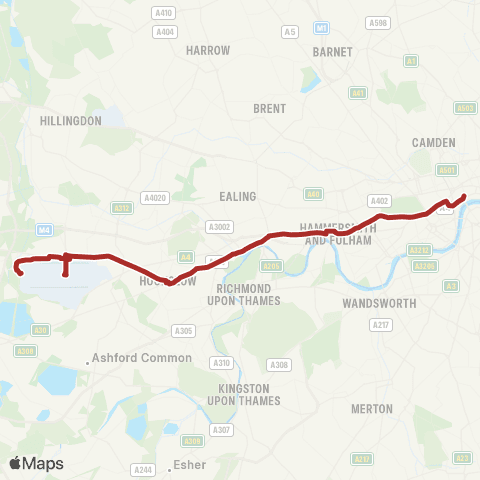 TfL Aldwych - Piccadilly Circus - Kensington - Hammersmith - Chiswick High Rd - Brentford - Hounslow - Heathrow Central and Term 5 map