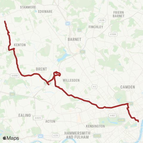 TfL Harrow Weald, Bus Garage - Wealdstone - Wembley - Baker St Sta - Trafalgar Square map