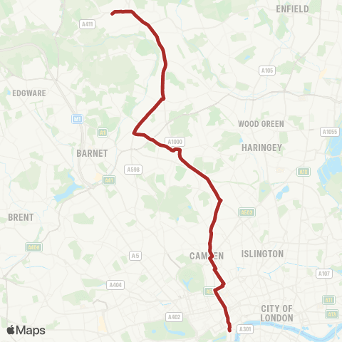 TfL Barnet Hosp - Whestone - Archway - Camden Town - Trafalgar Square map