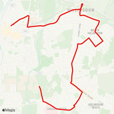 TfL Brunel Univ - Hillingdon Hosp - Lees Rd - Long Ln - Oak Farm - Hillingdon Sta - Honeycroft Hill - Uxbridge map