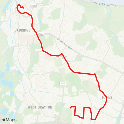 TfL Hayes, Prologis Pk - Pinkwell - Hayes & Harlington Sta - Barra Hall Circus - Hillingdon Hosp - Kingston Ln - Uxbridge map
