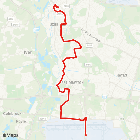 TfL Uxbridge - Brunel Univ - Hillingdon Hosp - Yiewsley - W Drayton - Wise Ln Estate - Harmondsworth - Heathrow Central map