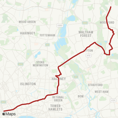 TfL Woodford Wells - Wanstead - Whipps Cross - Hackney Central - Oxford Circus map