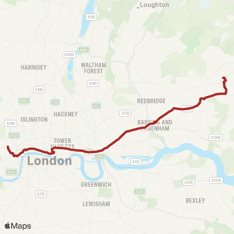 TfL Romford Market - Rush Green - Becontree Heath - Barking - E Ham - Canning Town - Limehouse - Stepney - Aldgate - St Paul's Cathedral - Oxford Circus map