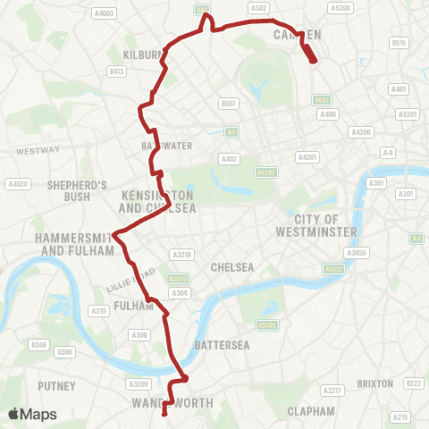 TfL Camden Town - Kilburn - Westbourne Pk - Notting Hill Gate - W Kensington - Fulham Bway - Wandsworth map