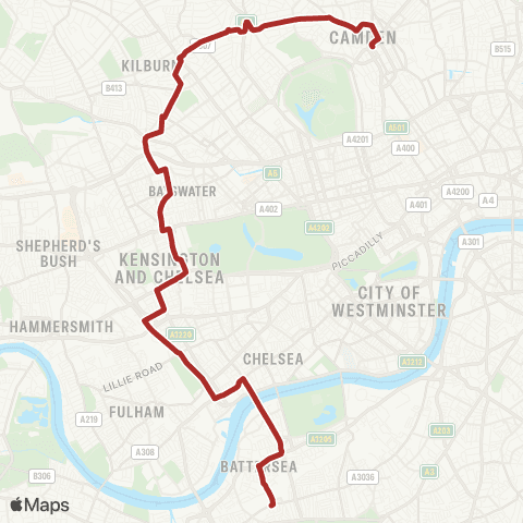 TfL Camden Town - Kilburn Pk - Notting Hill Gate - Chelsea - Clapham Jct map