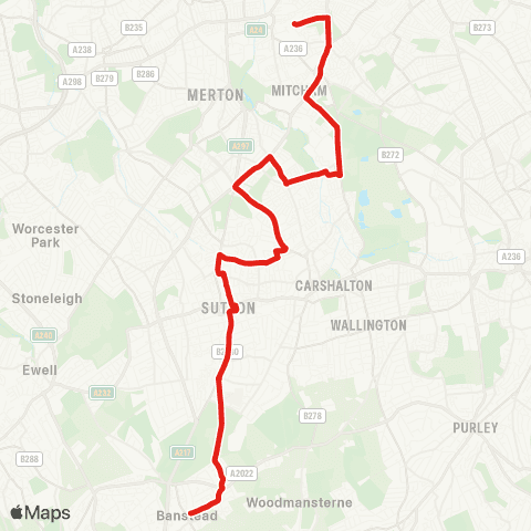 TfL Banstead - Belmont Sta - Sutton - St Helier Hosp - Rose Hill - Middleton Circle - Mitcham Jct - Mitcham, Lavender Fields map