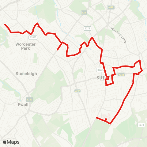 TfL Belmont - Royal Marsden Hosp - Carshalton - Sutton - Sutton Common Sta - N Cheam Sainsbury's - Worcester Pk - Malden Manor Sta map