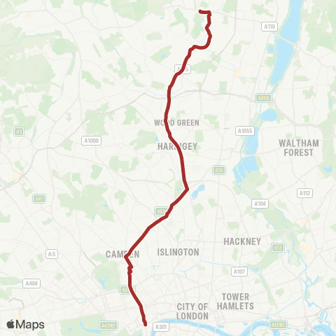 TfL Enfield - Wood Green - Finsbury Pk - Camden Town - Trafalgar Square map