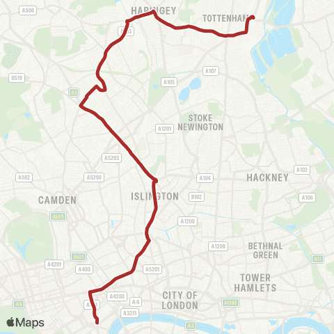 TfL Trafalgar Square - Holborn - Islington - Archway - Tottenham Hale map