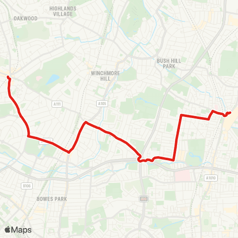 TfL Southgate - Palmers Green - Edmonton (Cambridge) - Haselbury Rd - Edmonton Green map