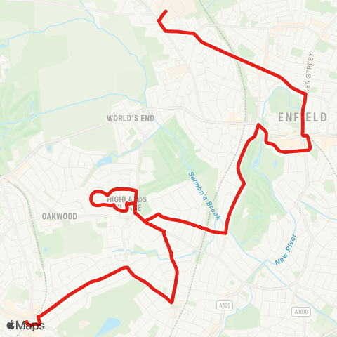 TfL Chase Farm Hosp - Holtwhites Hill - Enfield Town - Grange Pk - Highlands Village - Winchmore Hill Green - Southgate Sta map