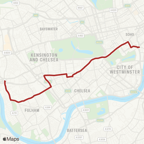 TfL Hammersmith - Fulham Cross - Earls Court - Green Pk - Trafalgar Square map
