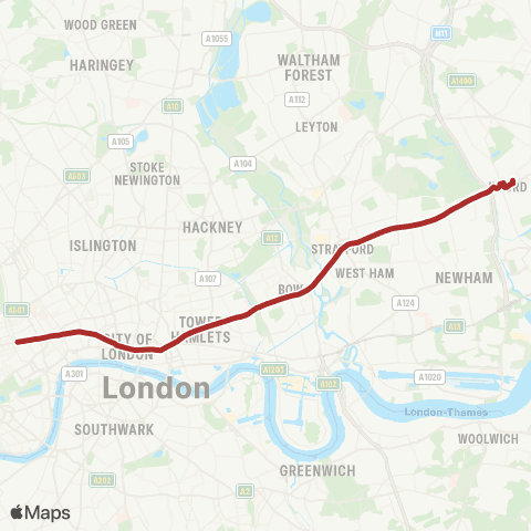 TfL Ilford - Stratford - Mile End - Bank - Oxford Circus map