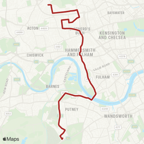 TfL E Acton - Hammersmith Hosp - White City Estate - Shepherds Bush - Hammersmith = - Putney Bridge - Putney Common - Barnes Sta and Common - Roehampton, Bessborough Rd map