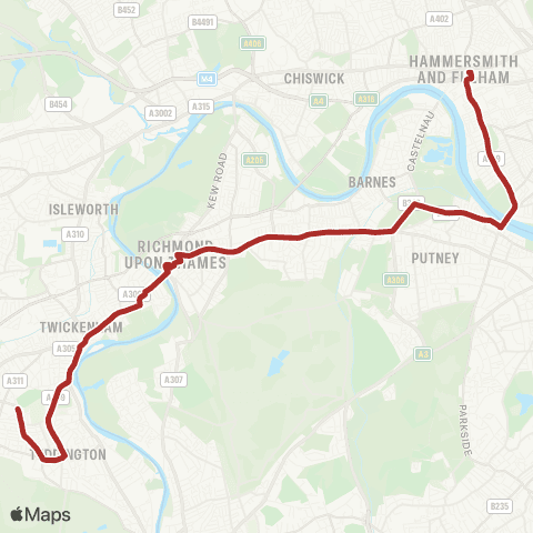 TfL Fulwell - Twickenham - Richmond - Putney Common, Pier and Bridge - Hammersmith map