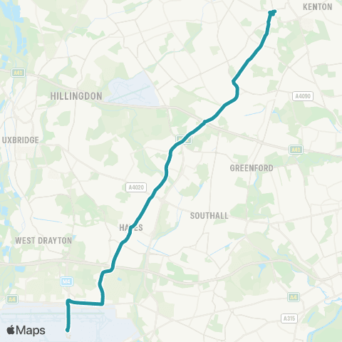 TfL Heathrow Central - Harlington - Hayes - Northolt - Harrow Bus Sta map