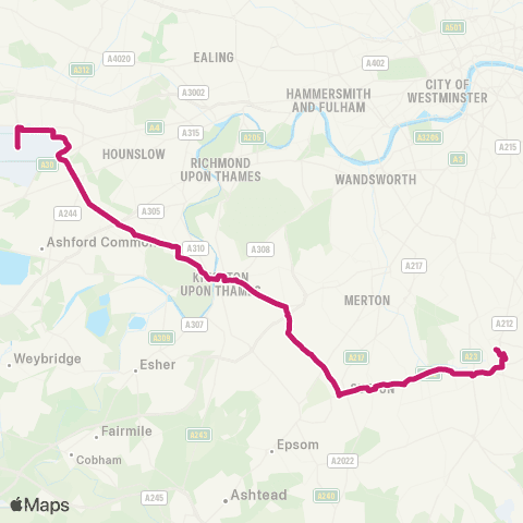 TfL W Croydon - Carshalton - Worcester Pk - Teddington - Heathrow Central map