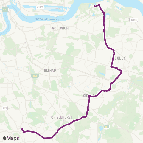 TfL Thamesmead - Abbey Wood - Bexleyheath Sta and Town Ctr - Sidcup - Queen Mary's Hosp - Chislehurst Sta - Bromley N map