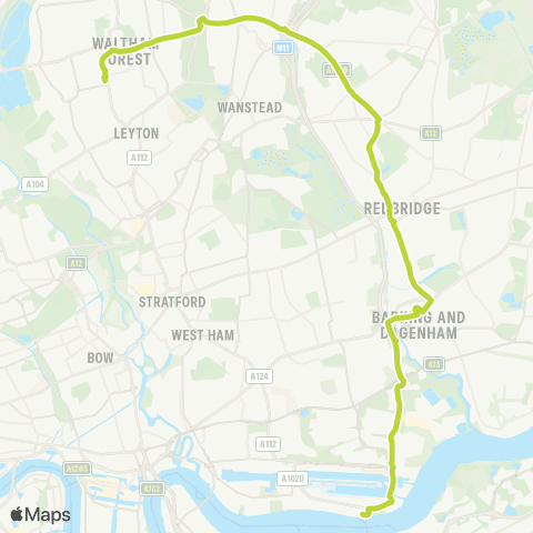 TfL Walthamstow Central - S Woodford - Ilford - Gallions Reach - N Woolwich map