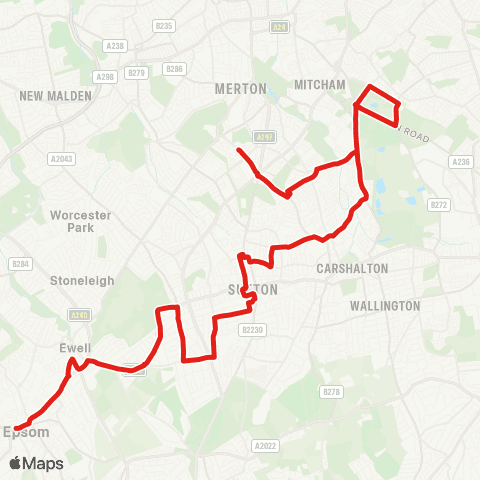 TfL Epsom - Ewell Village and E Sta - Cheam Bway and Sta - York Rd - Sutton Sta and Town Ctr - Oakhill Rd - Edinburgh Rd - St Helier Hosp - Rose Hill - St Helier Sta map