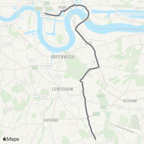 TfL Canary Wharf - E India - Leamouth - Sun In The Sands - Blackheath - Lee Green - Lee - Grove Pk map