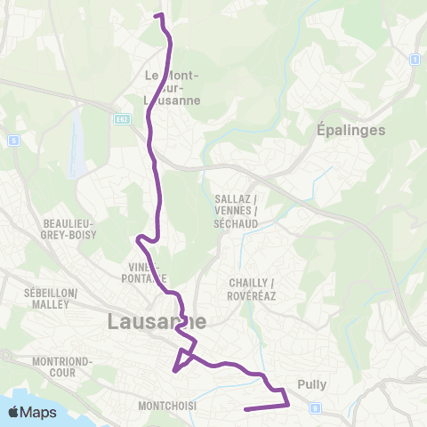 tl - Transports publics lausannois Pully, gare - Le Mont-sur-L., Grand-Mont map