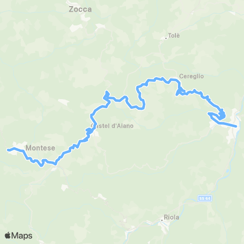 Tper BO Vergato - Cereglio - Rocca di Roffeno - Castel d'Aiano - Montese map