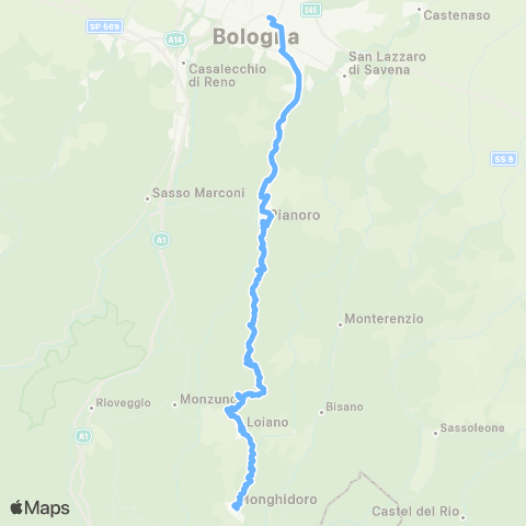 Tper BO Bologna - Pianoro - Loiano - Monghidoro - Castel dell'Alpi map