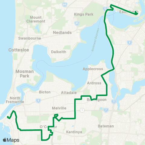 Transperth Fremantle - East Perth map