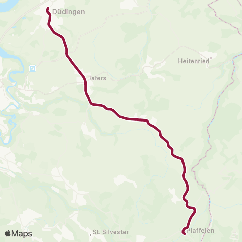 TPF - Transports publics fribourgeois Düdingen, Bahnhof - Plaffeien, Dorf map