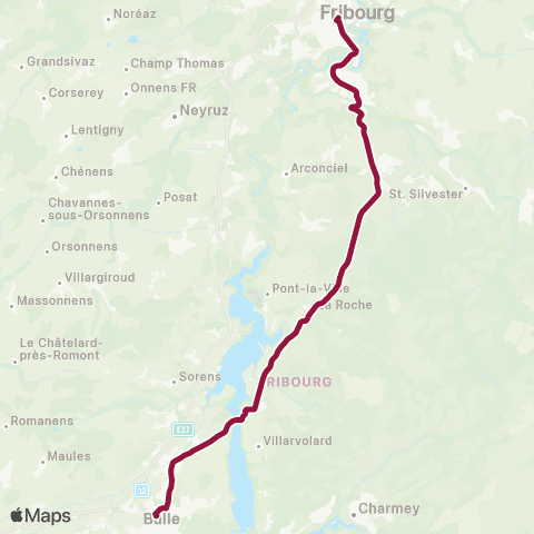 TPF - Transports publics fribourgeois Bulle, gare routière - Fribourg/Freiburg, gare rout. map
