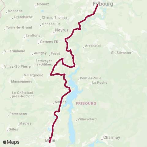 TPF - Transports publics fribourgeois Bulle, gare routière - Fribourg/Freiburg, gare rout. map