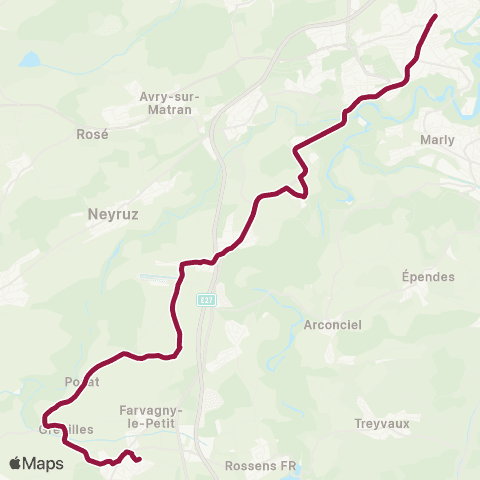 TPF - Transports publics fribourgeois Fribourg/Freiburg, gare rout. - Farvagny-le-Grand, CO Gibloux map